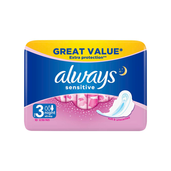 Picture of Always Sensitive Night Size 3 Sanitary Pads With Wings  10 Pads